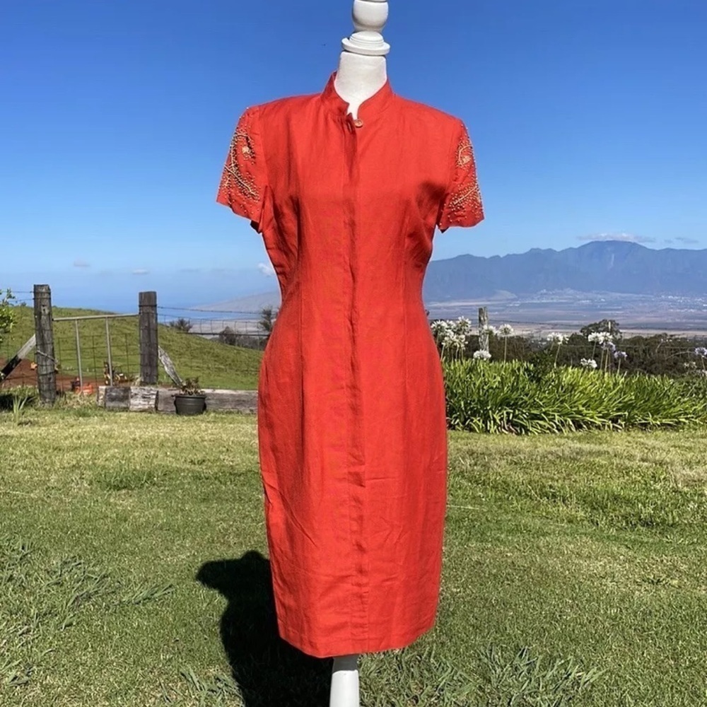 donna Morgan coral red embroidered mandarin collar knee length linen dress